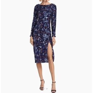 Marchesa Notte Sequin Bouquets Cocktail Midi Dress Back Zip Blue Purple Size 14